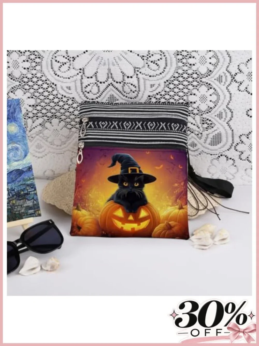 Halloween Cat Crossbody Bag with Adjustable Strap, Polyester, Pumpkin Messenger